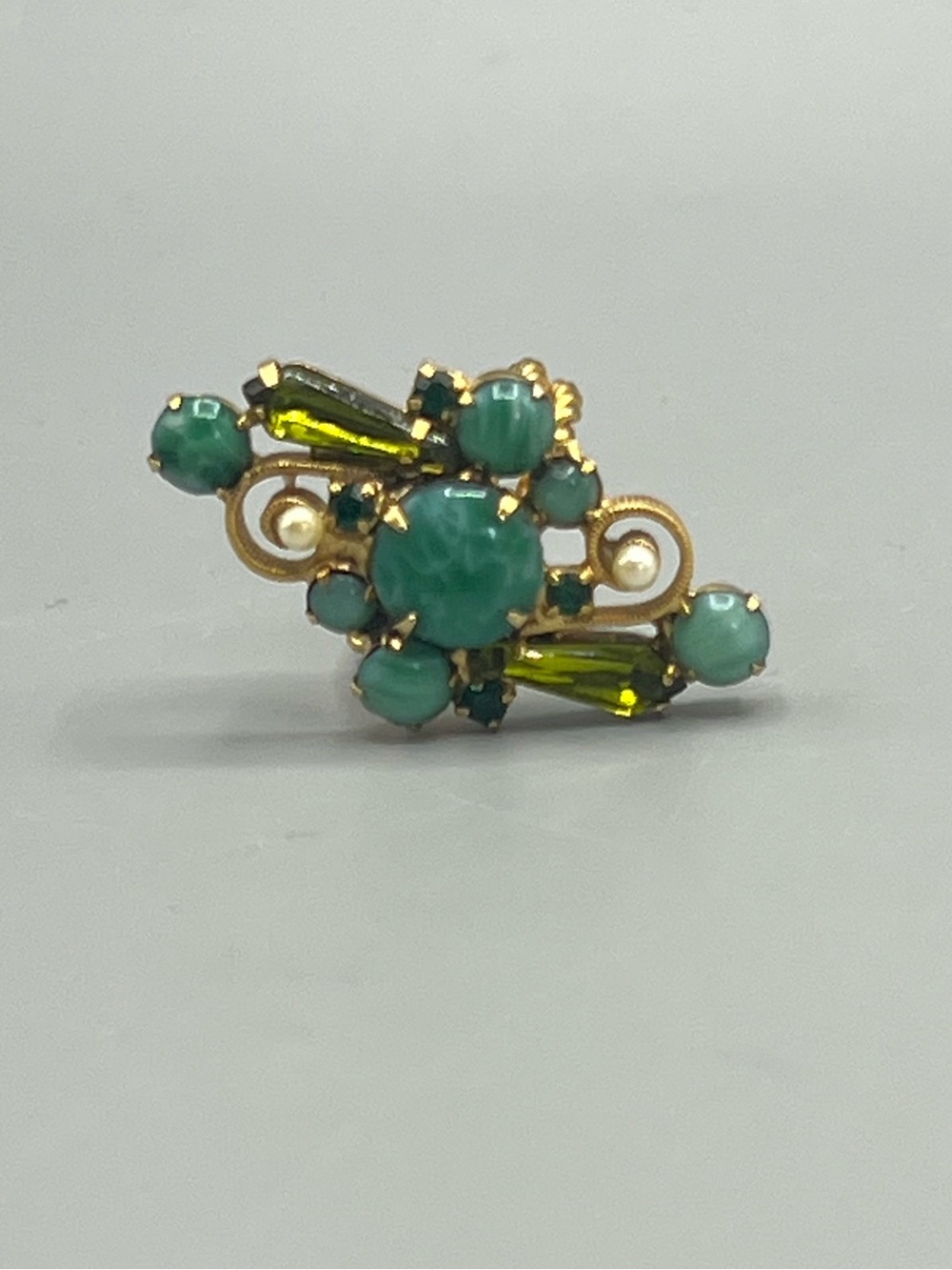 Vintage Adjustable Gold Tone Cluster Ring Turquoise Cabochon Green Rhinestone